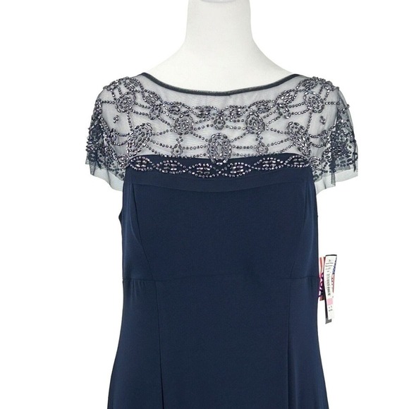 R&M RICHARDS Long Dress with Sheer Beaded Neck and Shoulder Size 10 Navy Blue - Picture 4 of 16